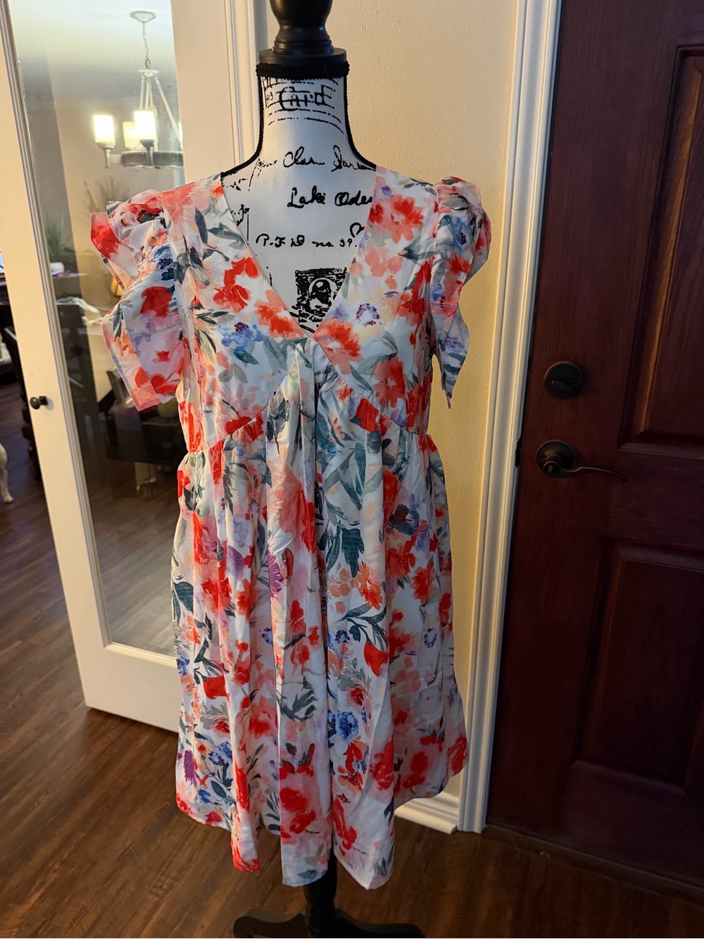 Floral V-Neck Mini Dress in White with Red & Blue Blooms